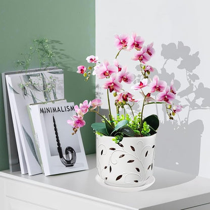 Orchid Pots with Holes, 7 Inch Orchid Pots with Drainage Holes and Tray, Indoor or Outdoor Ceramic Flower Pot for Orchid Care, Promoting Air Circulation - White