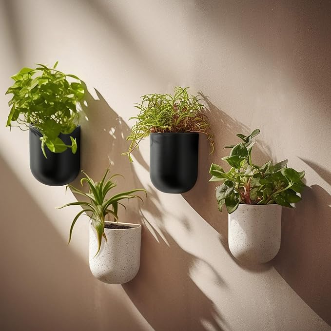 LA JOLIE MUSE Wall Hanging Planters for Indoor Plants，Hanging Flower Pots for Air Plants Succulent, Set of 2, 5.7L*4.1W*7H, Black