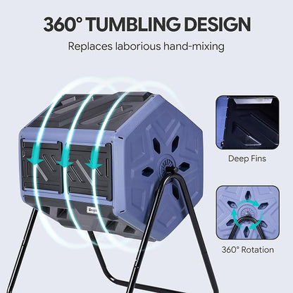 Werph 43 Gal Dual Chamber Compost Tumbler for Garden & Yard, Purple & Black | Fast Assembly, 43 Gal Dual Chambers & Aeration System, 360° Rotating Tumbler, for Garden, Kitchen, & Yard (Gloves Included)