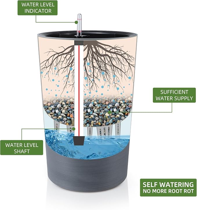Dexceder 16x12 Self Watering Tall Planter (Gray, Wire Drawing) | High Cylinder, Thickened Large Floor Standing Flower Plant Pot with Water Level Indicator Indoor Outdoor