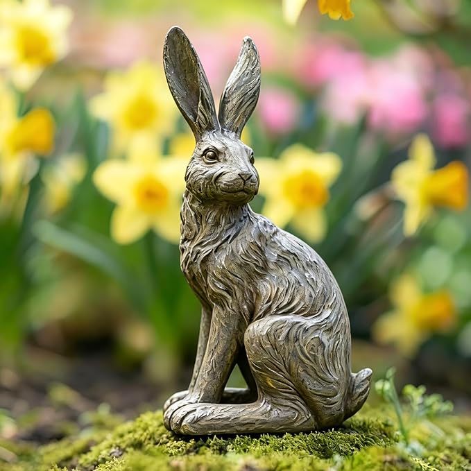 DiliComing Outdoor Rabbit Garden Statue - 12 Inch Large Easter Bunny Decor Grey Resin Animal Sculpture for Home Lawn Yard Decorations Womens Gifts