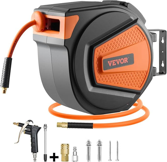 VEVOR Retractable Air Hose Reel, 3/8IN x 65FT Hybrid Air Hose Max 300PSI, Air Compressor Hose Reel Auto-Rewind with 6.6 FT Lead in, Ceiling/Wall Mount Enclosed PP Reel & Built-in 180° Swivel Bracket