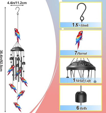 35" Wind Chimes for Outside, Hand-Tuned Aluminum Windchimes with 6 Bells & Parrot Decor, Rustproof Metal Chimes for Garden Patio Porch, Sympathy Memorial Gift for Mom Women(Parrot)