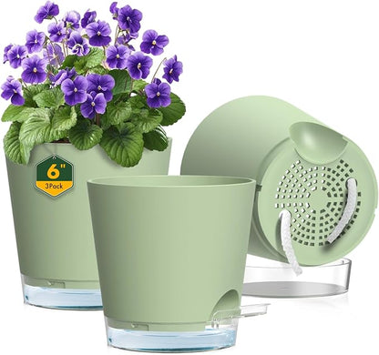 Meowell 6 inch Self Watering Pots for Indoor Outdoor Plants, 3 Pack Flower Plant Pots with Drainage Holes and Clear Reservoirs, Visible Water Level, Plastic Planters with Wicking Rope, Green