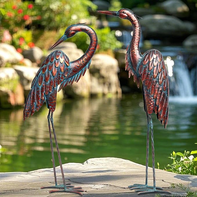 Kircust Outdoor Metal Heron Statues, Crane Sculptures for Garden Yard | Bronze 27.56" Tall, Set of 2 Heron Sculptures, Weatherproof, Patio Decor, Art