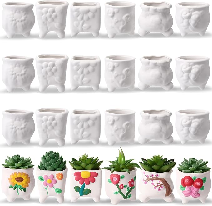 Leitee 18 Pcs Paint Your Own Ceramic Pot Bulk 3.1 in, Ready to Paint Small Pot Mini Succulent Planters Pottery Painting for Summer Classroom Craft Gift DIY Art Activity (Romantic Flowers)
