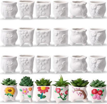 Leitee 18 Pcs Paint Your Own Ceramic Pot Bulk 3.1 in, Ready to Paint Small Pot Mini Succulent Planters Pottery Painting for Summer Classroom Craft Gift DIY Art Activity (Romantic Flowers)