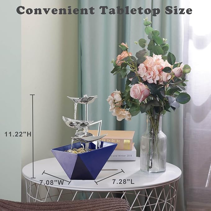 Trilogy Tabletop Fountain with 3-Tier Stainless Steel Waterfall | Handcrafted Design, Adjustable Water Flow & Smart Pump for Modern Home Decor