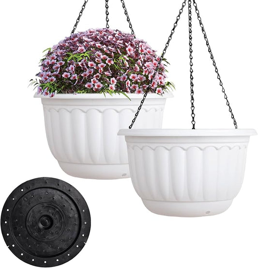 YIKUSH 12 Inch Hanging Planters for Outdoor Plants, 2 Pack Plastic Hanging Flower Pots with Drainage Hole & Tray, Hanging Basket Style Pots for Porch Patio Balcony Decor (White)