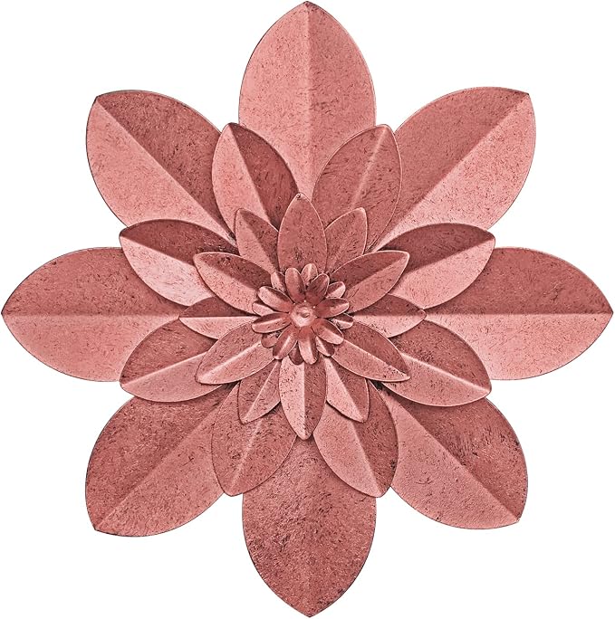 Rose Gold Metal Flower Wall Art Decor, 9.5“ Rustic Modern Floral Sculpture, Distressed Iron Wall Hanging Home Decoration Accent Artworks for Indoor Kitchen Bedroom Living Room Office Outdoor Garden