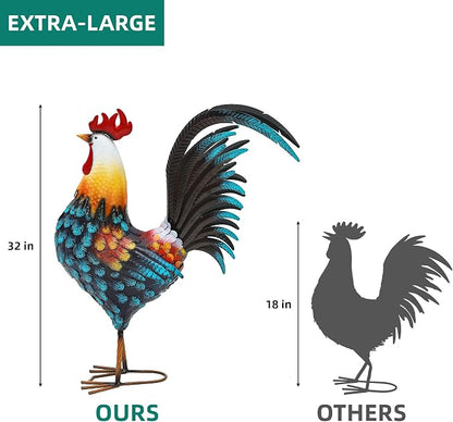 32" Majestic Metal Rooster Yard Decor, Large Outdoor Garden Statue | Outdoor Chicken Sculpture, 3D Hand-Painted, Rustic Farmhouse Style, Weather Resistant Iron, Backyard Patio Lawn Garden
