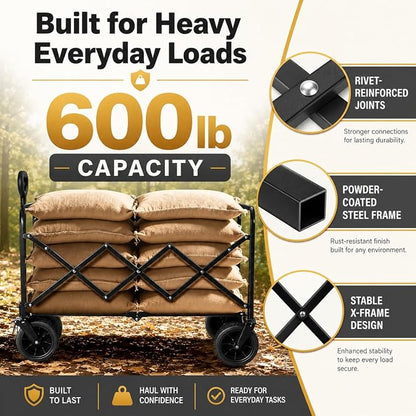 Wagons Carts Foldable Heavy Duty, 600 lb Tank Wheel Wagon with Brakes | Tank wheel utility wagon for groceries, beach, camping, garden and moving; 220L storage, all-terrain wheels and dual brakes