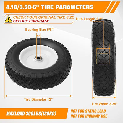 Yesker 4.10/3.50-6" Flat-Free Tires and Wheels, 12" Solid Wheelbarrow Tire with 5/8" Bearing 2.2" Centered Hub for Wheelbarrow, Garden Gorilla Cart, Hand Truck (2 Pack)
