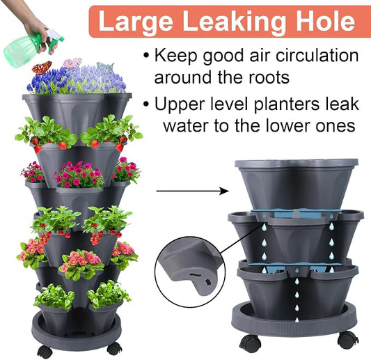 GameXcel Vertical Planter, 6 Tier Stackable Strawberry Planter with Garden Tool Set, Movable Indoor/Outdoor Garden Herb Pot for Growing Vegetables and Succulents, Dark Gray