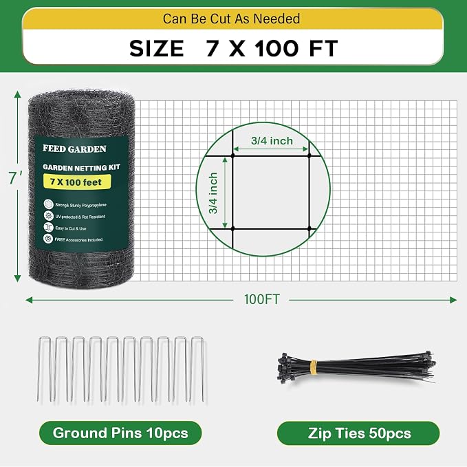 FEED GARDEN Deer Fence Netting Garden Netting Bird Netting - 7x100ft UV-Protected Garden Fence for Plant with 3/4" Fine Mesh - Includes 10 Stakes & 50 Zip Ties for Easy Installation