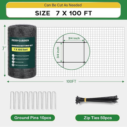 FEED GARDEN Deer Fence Netting Garden Netting Bird Netting - 7x100ft UV-Protected Garden Fence for Plant with 3/4" Fine Mesh - Includes 10 Stakes & 50 Zip Ties for Easy Installation