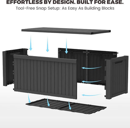 Outdoor Storage Box, 200 Gallon Waterproof Deck Box [Upgraded 3.1], Large Resin Storage with Hydraulic Lifts for King Cushions, Heavy Duty Lockable Bench Seat, Pool Deck, Black