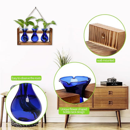 Plant Propagation Station Plant Terrarium Unique Birthday Gifts for Women | Plant Lovers Home Office Decor Planter with Wooden Stand - 3 Bulb Glass Vase
