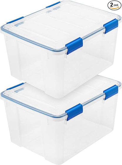 IRIS USA WeatherPro 44 Qt Storage Bins with Lids, 2 Pack, BPA-Free Plastic Gasket Box with Tight Latch and Seal, Stackable Nestable Tote Tub - Clear/Blue
