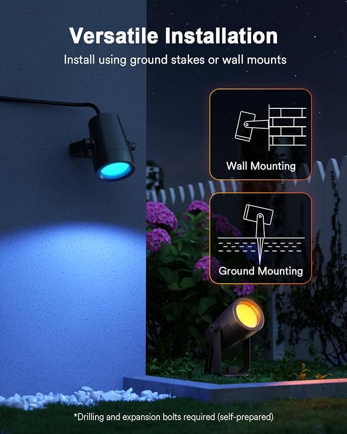 Lumary 6 Pack Smart Landscape Lights Gen2, 56FT Outdoor Spotlights | RGBAIWW color changing, warm white, IP65 outdoor rated, app/Alexa/Google/remote control, 56FT cable for yard & pathway