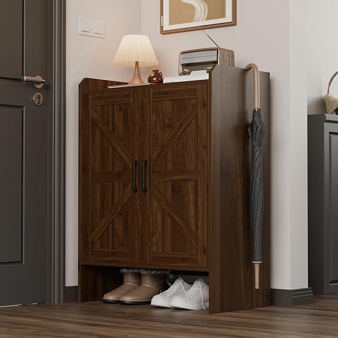 Mericonia Farmhouse Shoe Cabinet with Doors, Modern Large 5-Tier Shoe Storage Cabinet with Adjustable Shelves, Wooden Shoe Organizer for Entryway, Hallway, Closet, Bedroom, Living Room (Walnut)