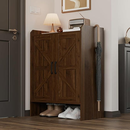 Mericonia Farmhouse Shoe Cabinet with Doors, Modern Large 5-Tier Shoe Storage Cabinet with Adjustable Shelves, Wooden Shoe Organizer for Entryway, Hallway, Closet, Bedroom, Living Room (Walnut)