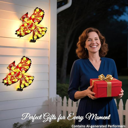 2 Pack Metal Cardinal Outdoor Wall Decor with 30 Led Solar Lights- 15.9" Outdoor Fence Wall Art Decor, Gift for Mom Grandma Women Birthday Gardening,Hanging Decoration for Garden Patio Porch Yard