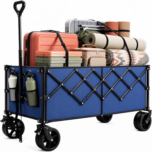 OLIXIS 49" Extra Long Folding Wagon Cart, 440LBS Heavy Duty Collapsible Wagon with Big All-Terrain Wheels, 250L Portable Outdoor Utility Cart for Shopping, Garden, Camping, Grocery, Sports - Blue