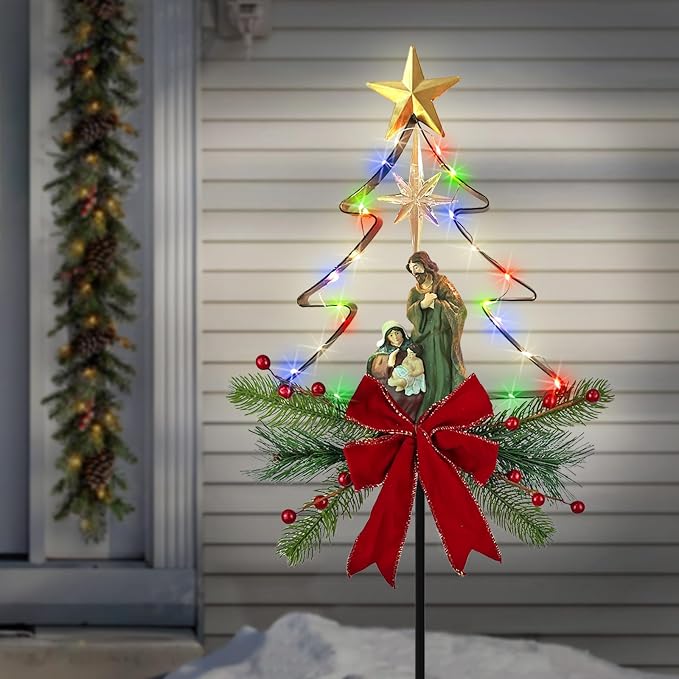 Solar Powered Nativity Scene Christmas Tree Stake Outdoor Christmas Decorations with Fairy Lights Garden Decor for Outside