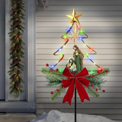 Solar Powered Nativity Scene Christmas Tree Stake Outdoor Christmas Decorations with Fairy Lights Garden Decor for Outside