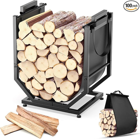 Firewood Rack, Indoor/Outdoor Firewood Holder with Firewood Carrier Bag, Thickened Metal Fireplace Log Holder with Adjustable Feet, Black