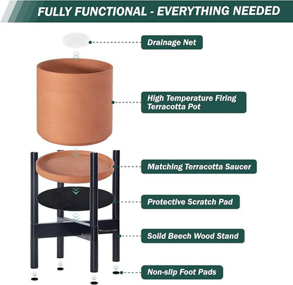 D'vine Dev Terracotta Planter with Ebony Stand - 12 Inch Modern Round Flower Pot with Wood Planter Holder, Terracotta, 55-B-H-5
