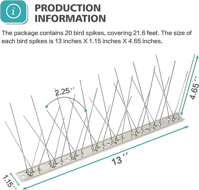 KKY Bird Spikes Stainless Steel Base, Metal Bird Repellent Nail Fence kit, can be Used to Stop Pigeons and Other Small Birds, Covering 21.6 feet 20 Packs