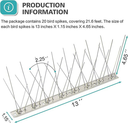 KKY Bird Spikes Stainless Steel Base, Metal Bird Repellent Nail Fence kit, can be Used to Stop Pigeons and Other Small Birds, Covering 21.6 feet 20 Packs