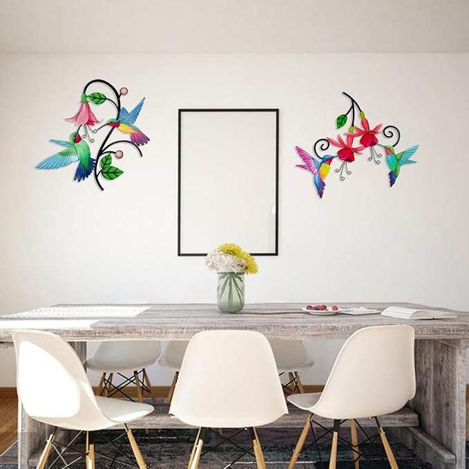 Meduofon 2 Pack Metal Hummingbird & Flower Outdoor Wall Art Decor, Creative Wall Decor for Patio, Fence, Deck, Garden, Home, Kitchen, Balcony