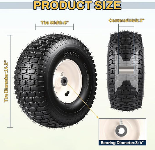2PCS 15x6.00-6 Tire and Wheel Assembly, Replacement for John Deere Craftsman Husqvarna Riding Mowers, 4 Ply Tubeless Lawn Mower Tires 15x6x6, 500lbs Capacity, 3" Centered Hub, 3/4" Bushing