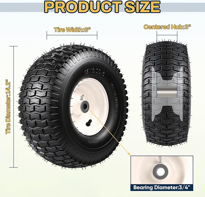 15x6.00-6 Lawn Mower Tire and Wheel, Replacement for John Deere Craftsman Husqvarna Riding Mowers, 4 Ply Tubeless Lawn Mower Tires 15x6x6, 500lbs Capacity, 3" Centered Hub, 3/4" Bushing, 2 Pack