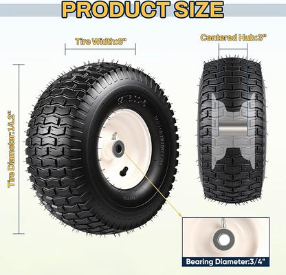 15x6.00-6 Lawn Mower Tire and Wheel, Replacement for John Deere Craftsman Husqvarna Riding Mowers, 4 Ply Tubeless Lawn Mower Tires 15x6x6, 500lbs Capacity, 3" Centered Hub, 3/4" Bushing, 2 Pack