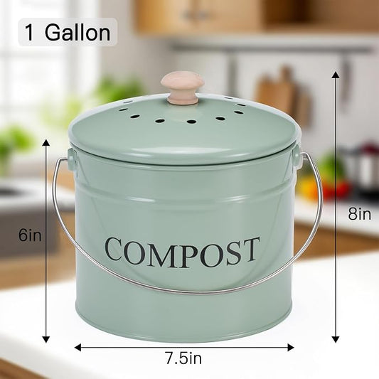 Compost Bin for Kitchen Counter, 1 Gallon Compost Bucket with Lid and Charcoal Filter, Countertop Composter, Rust Proof Indoor Food Waste Bin, Green