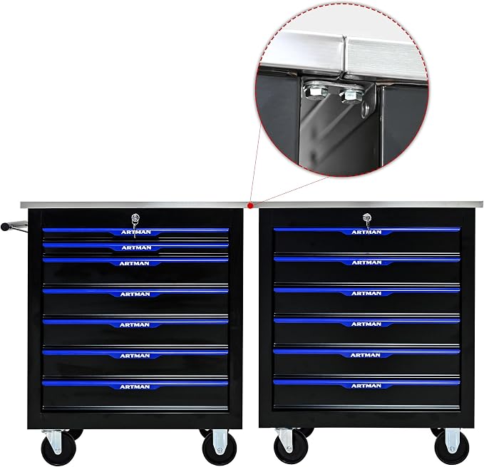 7-Drawer Rolling Tool Chest, Lockable Stainless Top for Garage, Black&Blue | Heavy Duty Modular Roll Around Tool Cabinet with Drawers for Workshop and Tool Box Storage