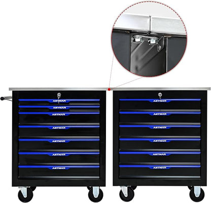 7-Drawer Rolling Tool Chest, Lockable Stainless Top for Garage, Black&Blue | Heavy Duty Modular Roll Around Tool Cabinet with Drawers for Workshop and Tool Box Storage