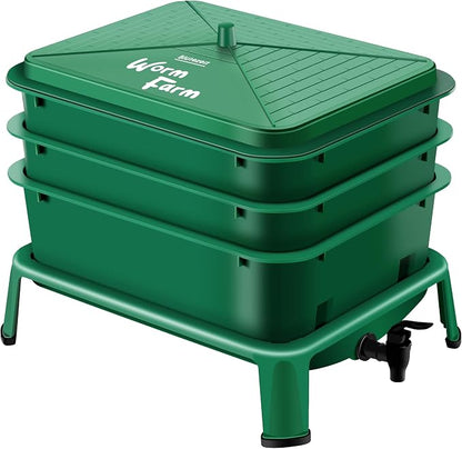 Blütezeit 3-Tray Worm Composter, 32QT Worm Farm with Compost Worms Starter Kit for Indoor & Outdoor, Worm Composting Bin for Recycling Food Waste (Green)