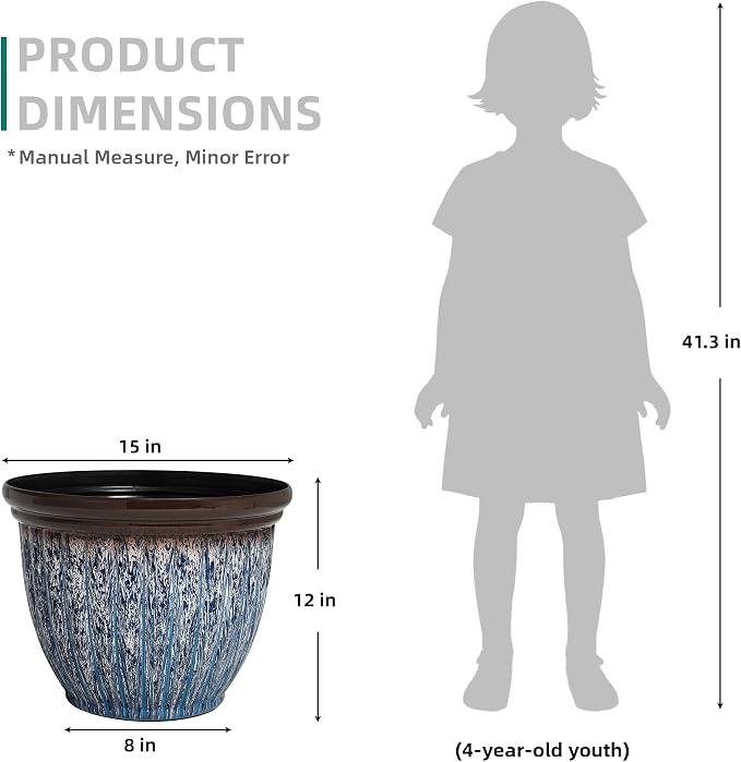 15" Large Flower Pots, 2-Pack Big Plastic Planters for Outdoor Plants | Plant Pot with 3D Textures, Artistic Floating Blue Brown Glaze, Weather-Resistant for Porch, Garden, Patio Yard or Indoor Use