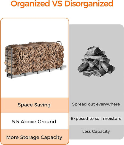 Firewood Rack, 8ft Heavy Duty Fire Wood Storage Racks for Indoor Outdoor, Metal Log Holders for Firewood, Fireplace Wood Pile Storage Stacker Organizer, Black