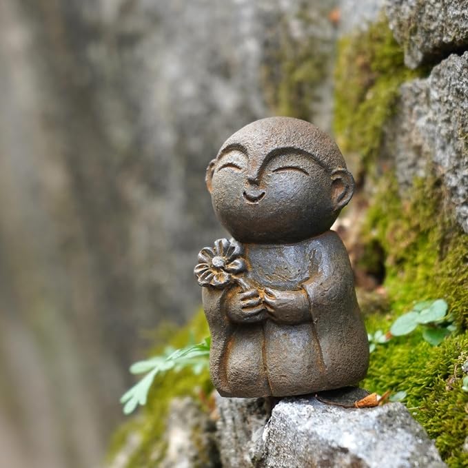 OwMell Japanese Jizo Monk Statue, Buddha Jizo Figurine Memorial Aquarium Statue Ornament - Flower Iron