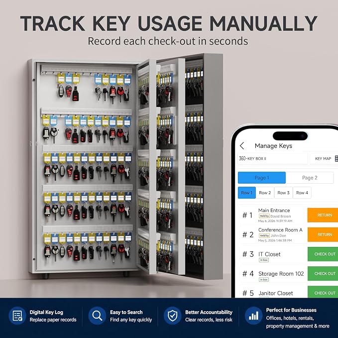 WeHere 360-Key Smart Key Lock Box, Wall-Mount Key Cabinet with Key Management App(Track Key Borrow/Return), Keypad, Bluetooth & WiFi Unlock (Sold Separately) for Commercial, School, Rental, Office