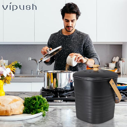 Vipush Compost Bin Kitchen Countertop Compost Bin with lid – Small Compost Bin Made of Sustainable Bamboo Fiber Includes Charcoal Filter, Black