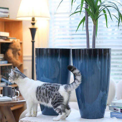 Sun-E Tall Planters for Front Porch 2 Pack, 21-Inch Large Outdoor Planters with Removable Insert Shelf, High Glossy Glazed Ceramic-Look Tall Blue Flower Pots for Indoor Corner Patio Entryway Decor