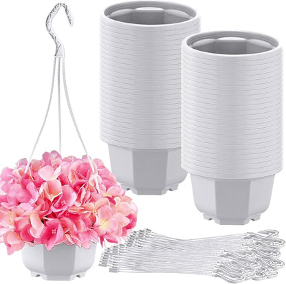 Roshtia 50 Pcs 6.7 Inch Plastic Hanging Plant Pots with Hooks Flower Pots Baskets Outdoor Hanging Nursery Planter Holder for Home Garden Balcony Porch(Gray White)