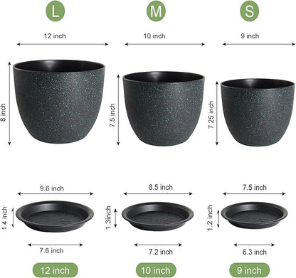 UOUZ 12/10/9 Large Modern Plant Pots, Plastic Planters with Drainage Holes and Saucers for Indoor Outdoor Plants Flowers, Black with Green Speckles